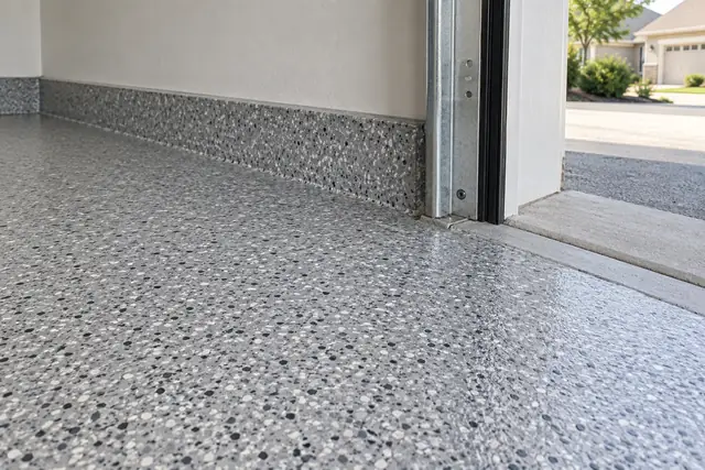 Illustrative close-up of a flake coating at a garage threshold
