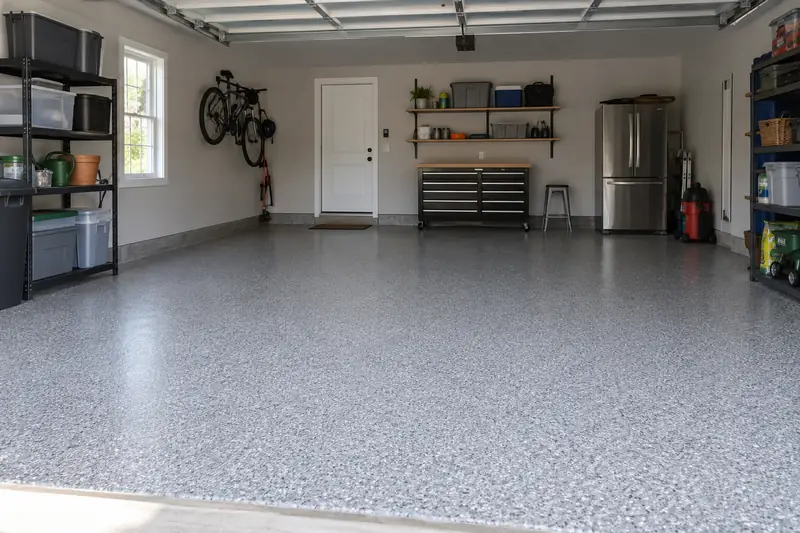 Illustrative garage with a neutral gray flake floor coating